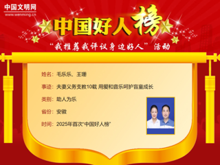 【校友动态】beat3652005届音乐教育专业校友毛乐乐、王珊荣登2025年首次“中国好人榜”